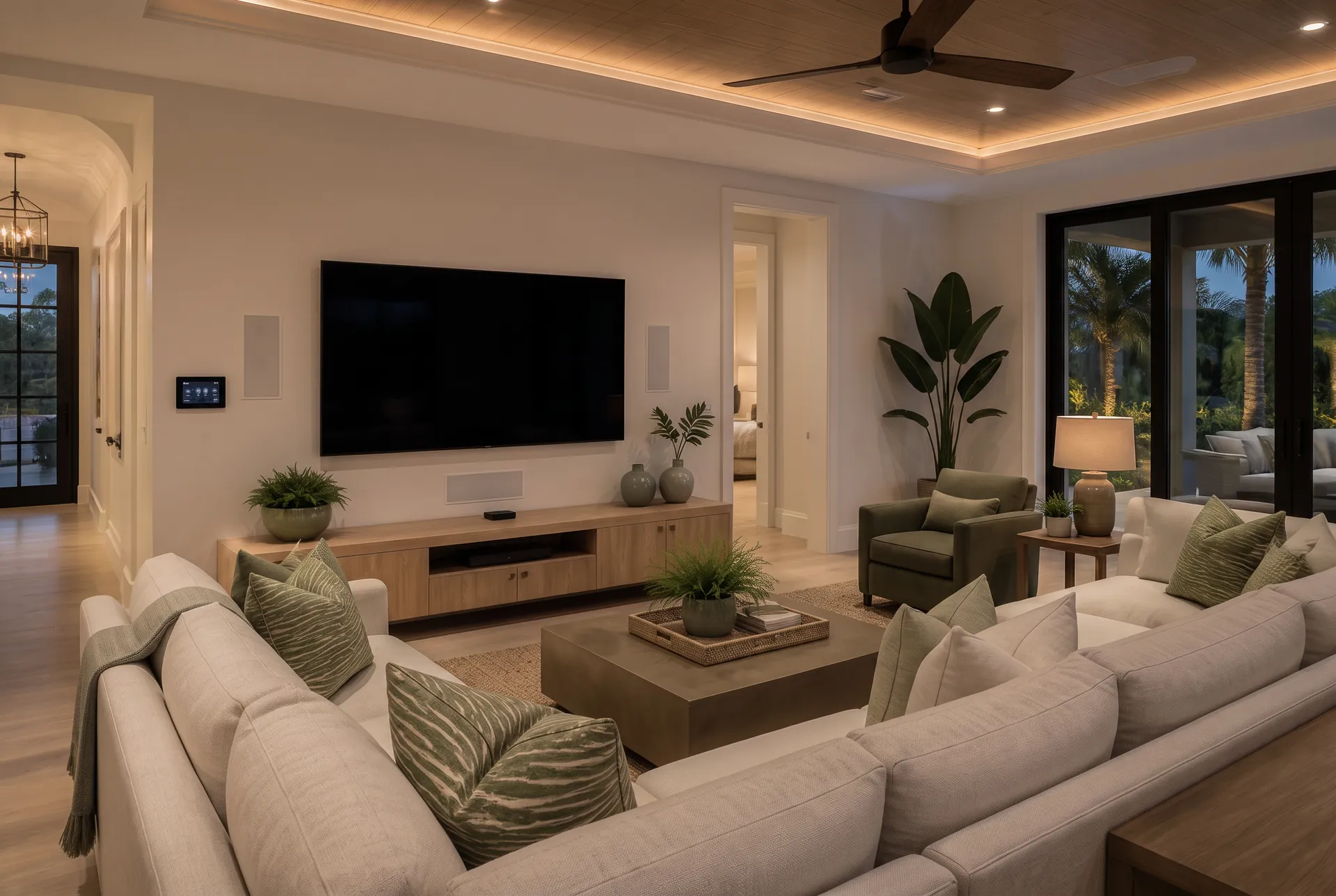 Retrofitted family room with a wall-mounted television, in-wall speakers and a flush smart home touchscreen keypad