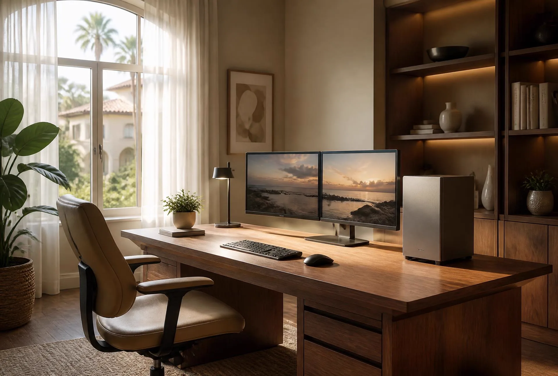Warm residential home office with a desktop PC and dual monitors on a wood desk beside a sunlit window