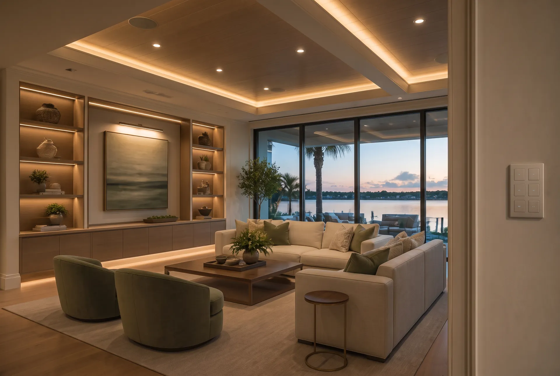 Beachside living room at dusk with ocean views, discreet whole-home Wi-Fi coverage and integrated technology