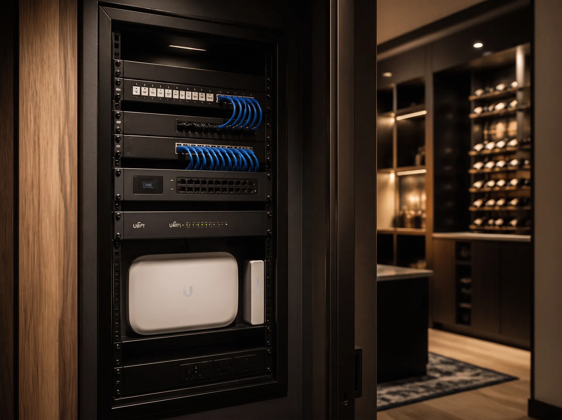 Neatly organized residential network rack with structured cabling and Wi-Fi equipment