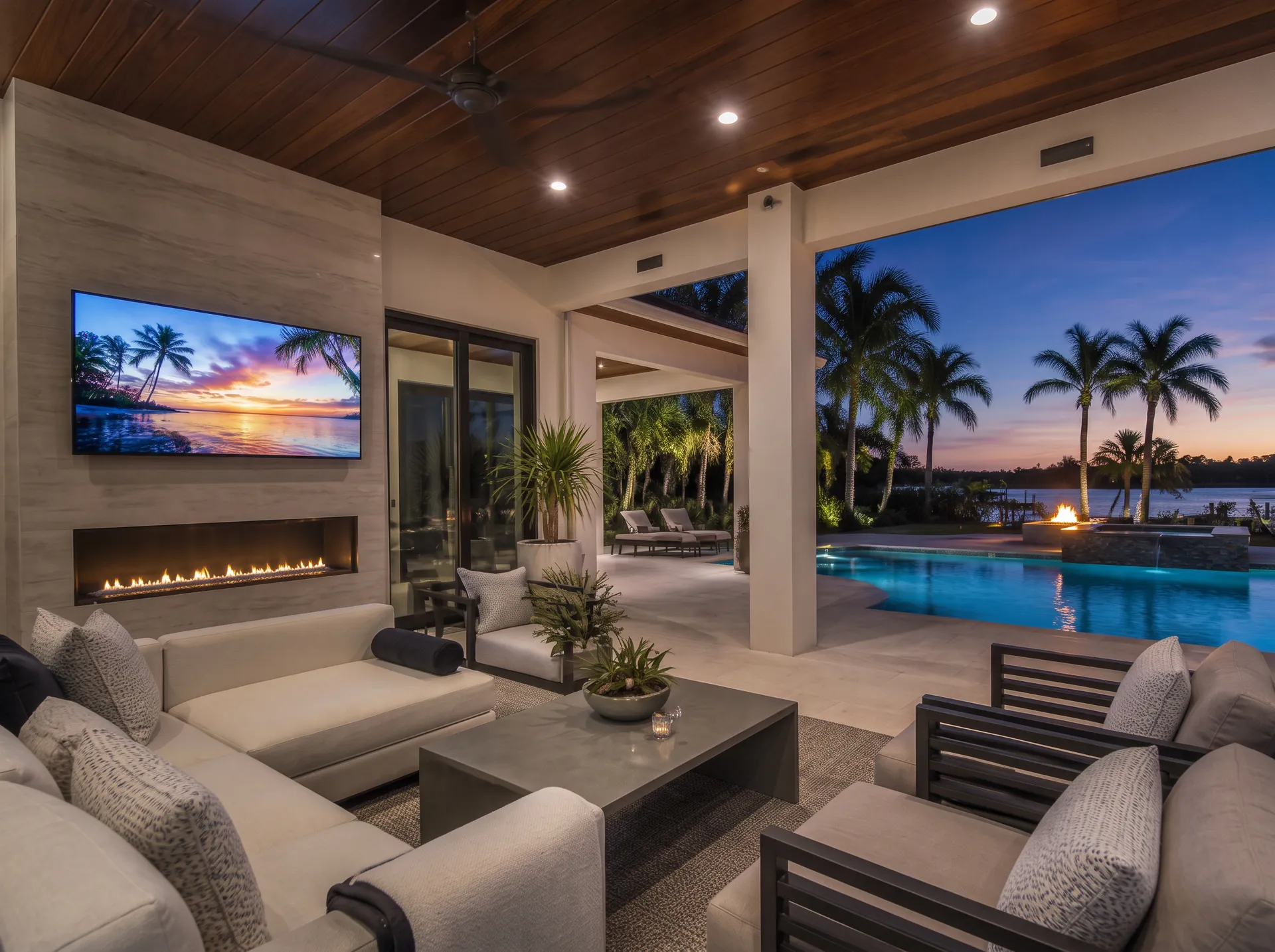 Covered lanai with an outdoor television, seating and a pool at dusk