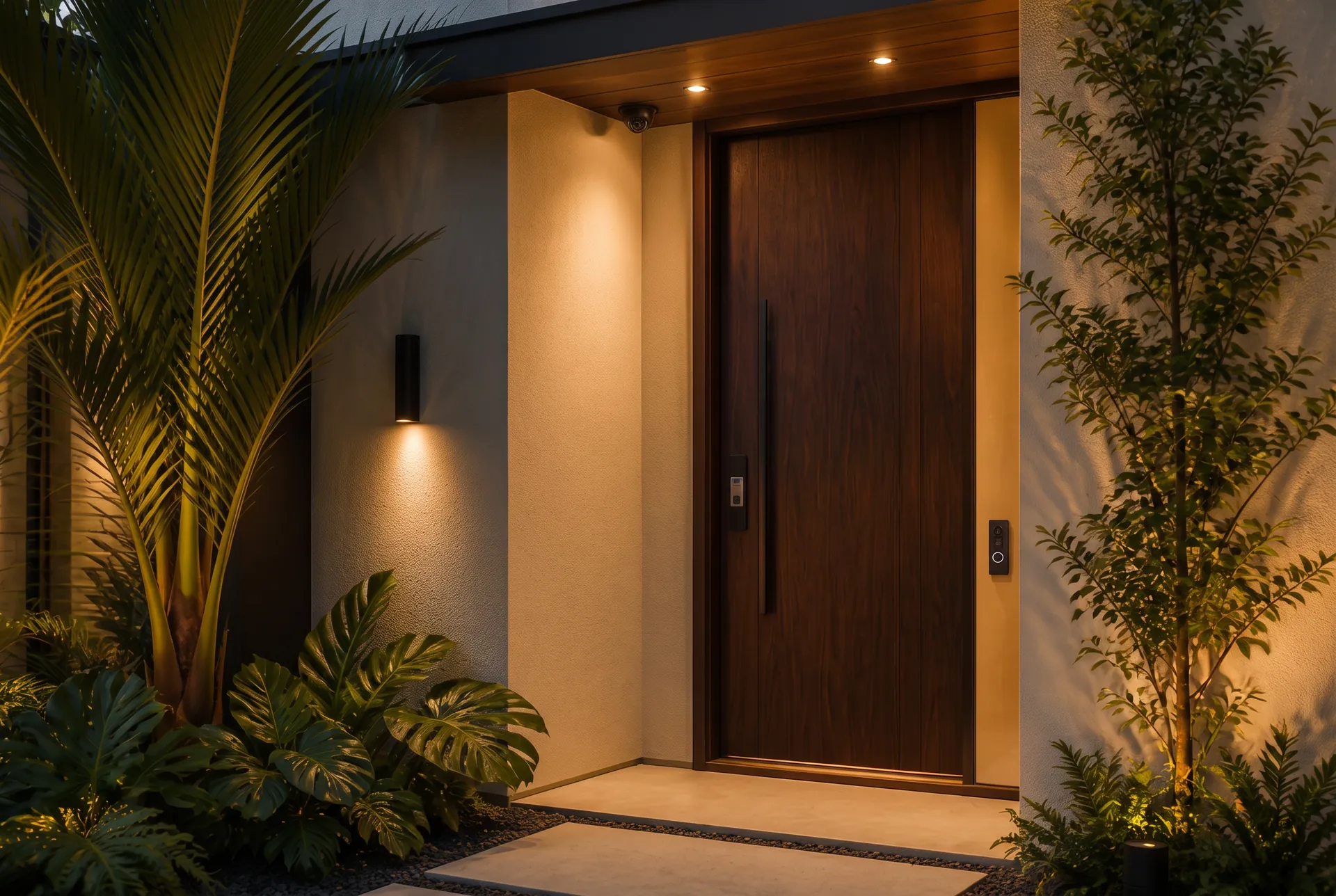 Home entry at dusk with a keyless smart lock, video doorbell and a discreet surveillance camera under the soffit