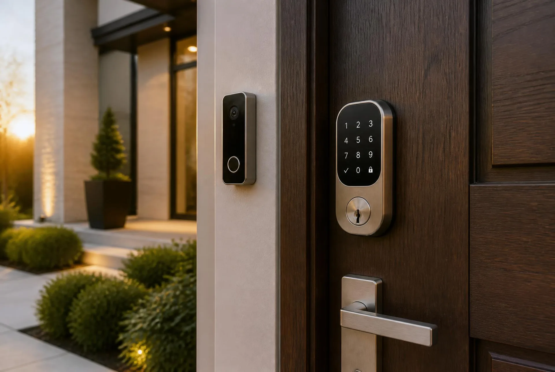 Keypad smart deadbolt lock and video doorbell installed at a modern home's front entry door